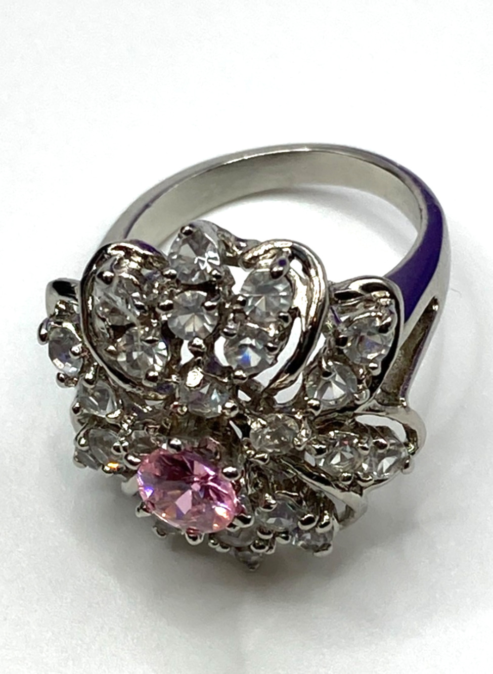 Vintage Style Pink & Clear Silver Overlay Ring Made with SWAROVSKI Elements Sz 5
